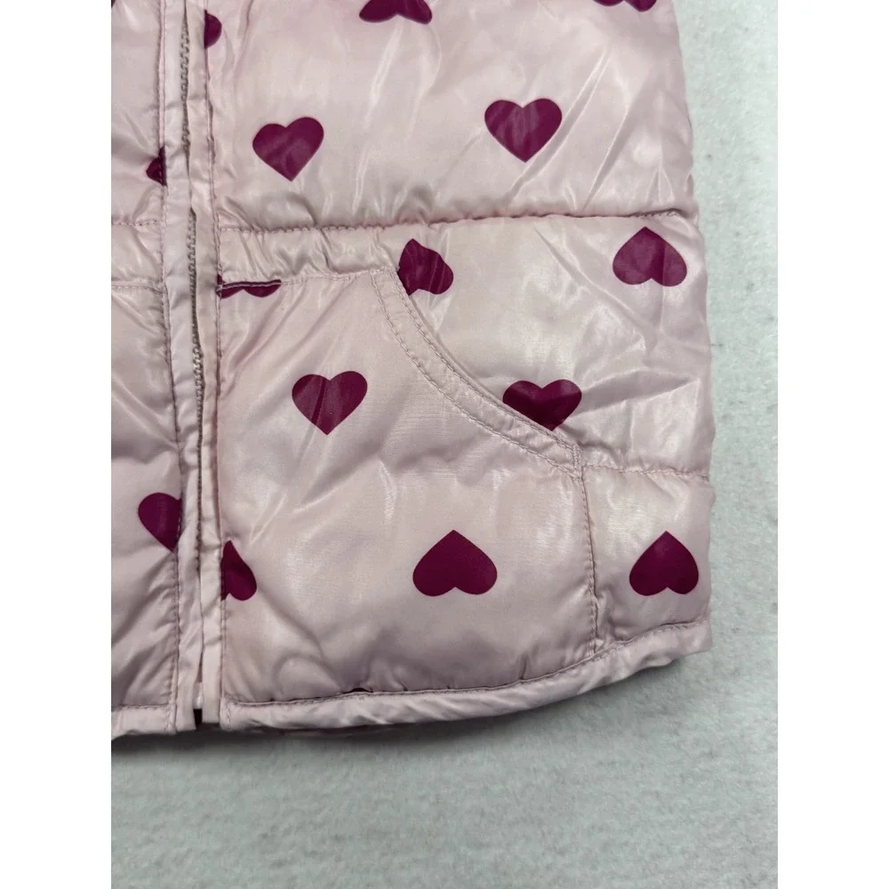 Old Navy Puffer Vest Jacket Kids 5T Pink Allover Heart Print Relaxed Full Zip